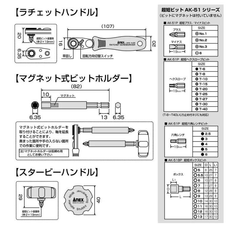Anex 525-28B
Compact Bit Ratchet 52 Multi-Set Straight Type - Image 4