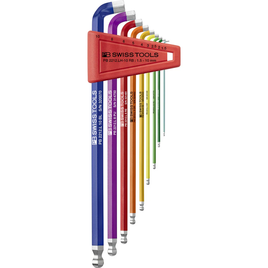 PB Swiss Tools 2212.LH-10 RB
Rainbow L-key set, 100° angle, long, Inbus with ball end, 1,5-10 mm